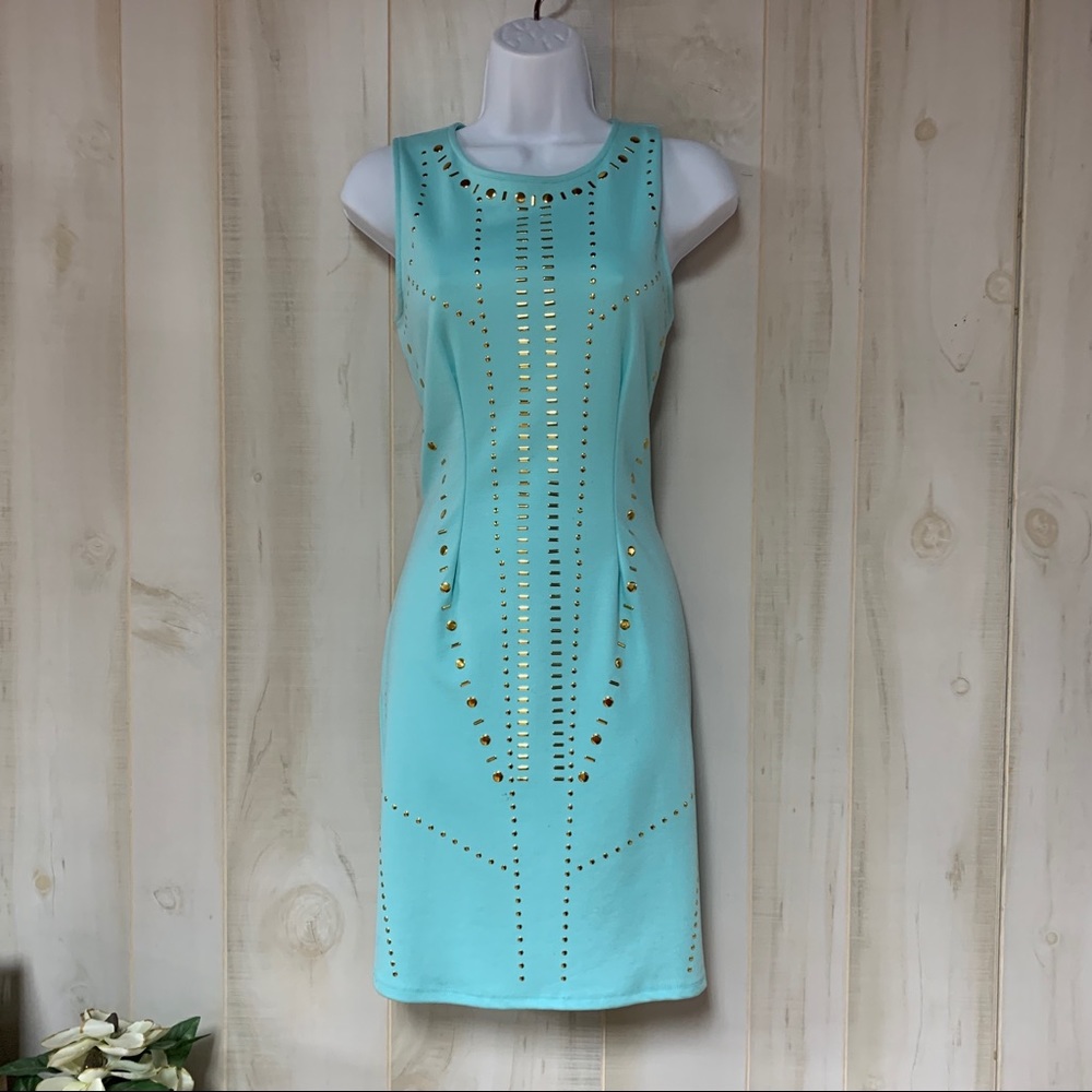 Nicki Minaj Mint Bodycon Dress, Gold Studs L